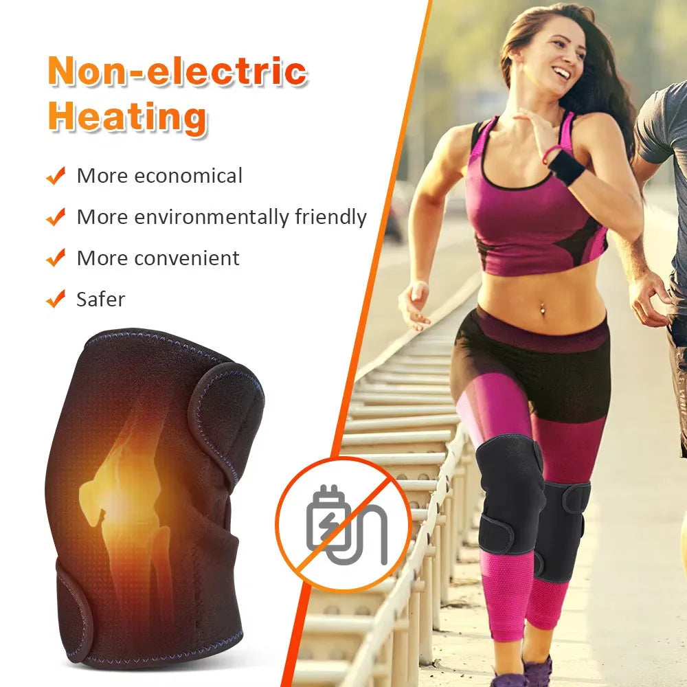 Black self-heating knee pad with magnet therapy and adjustable straps on a neutral background