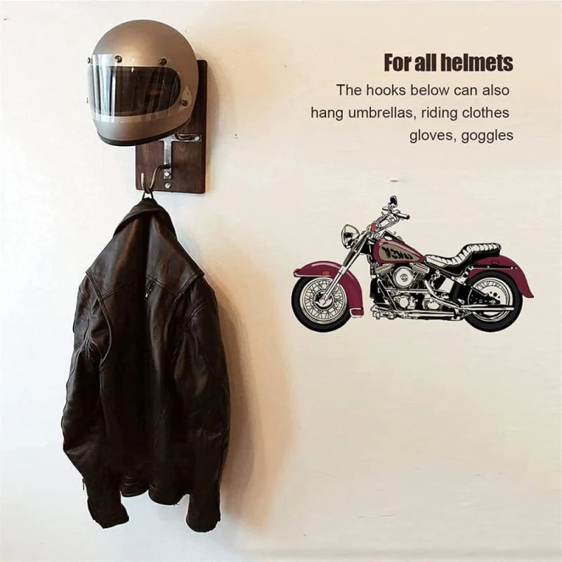 Sturdy black motorcycle helmet rack jacket hook mounted on wall
