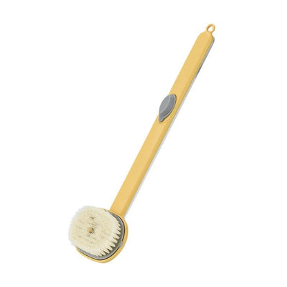 Multifunctional detachable shower brush in yellow, grey, green, and pink with ergonomic handle
