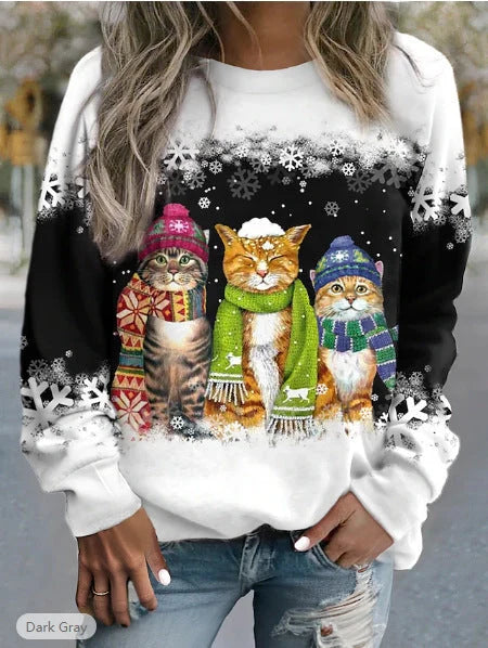 Women's festive snowman and cat print long sleeve t-shirt in loose fit