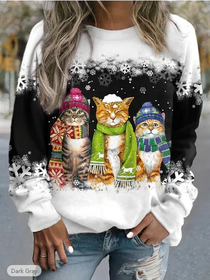 Women's festive snowman and cat print long sleeve t-shirt in loose fit
