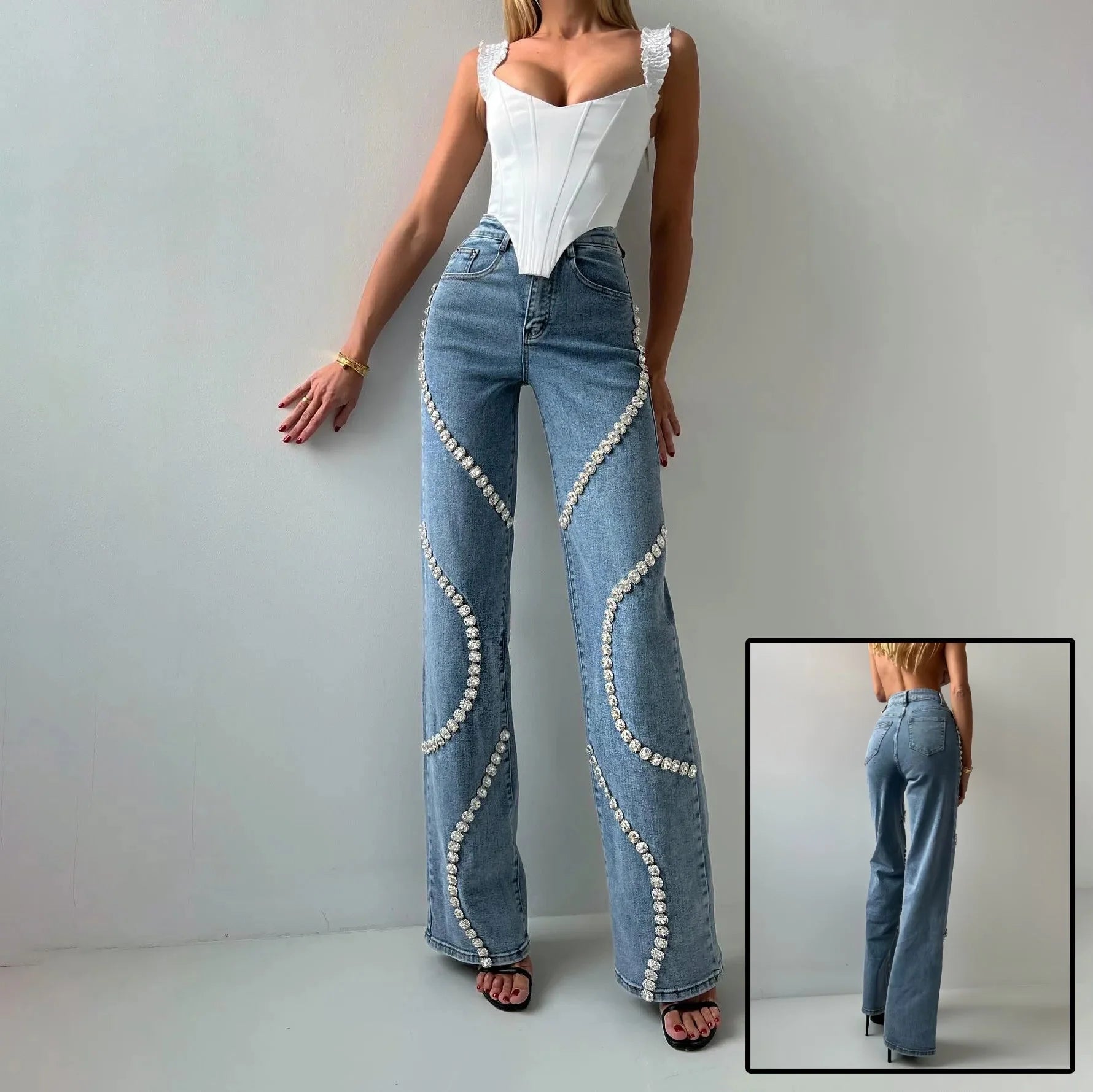 Women's loose straight leg jeans with rhinestone denim design in blue