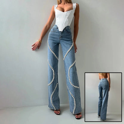 Women's loose straight leg jeans with rhinestone denim design in blue