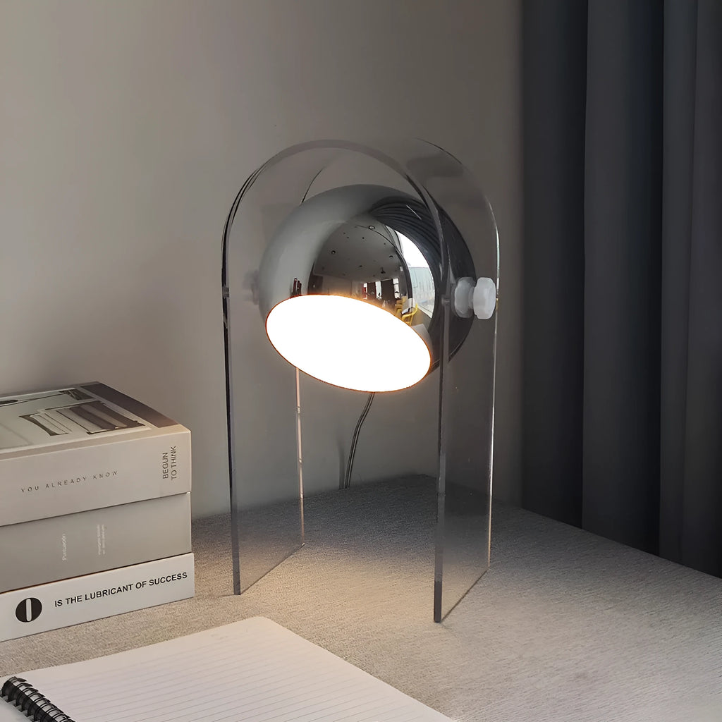 Modern minimalist acrylic table lamp with wrought iron base, 190x330mm, on a bedside table