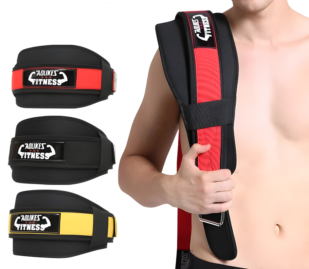 Nylon fitness weightlifting waistband for adults in black, red, or yellow colours, available in L, M, and XL sizes.