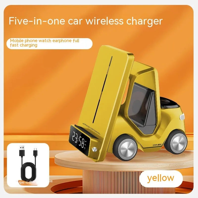 15W three-in-one wireless charging stand in grey, holding a phone, earbuds, and a smartwatch.