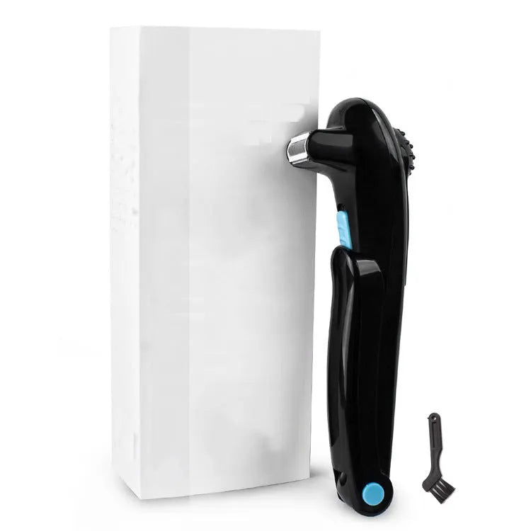 Black folding electric body shaver for men on a white background.