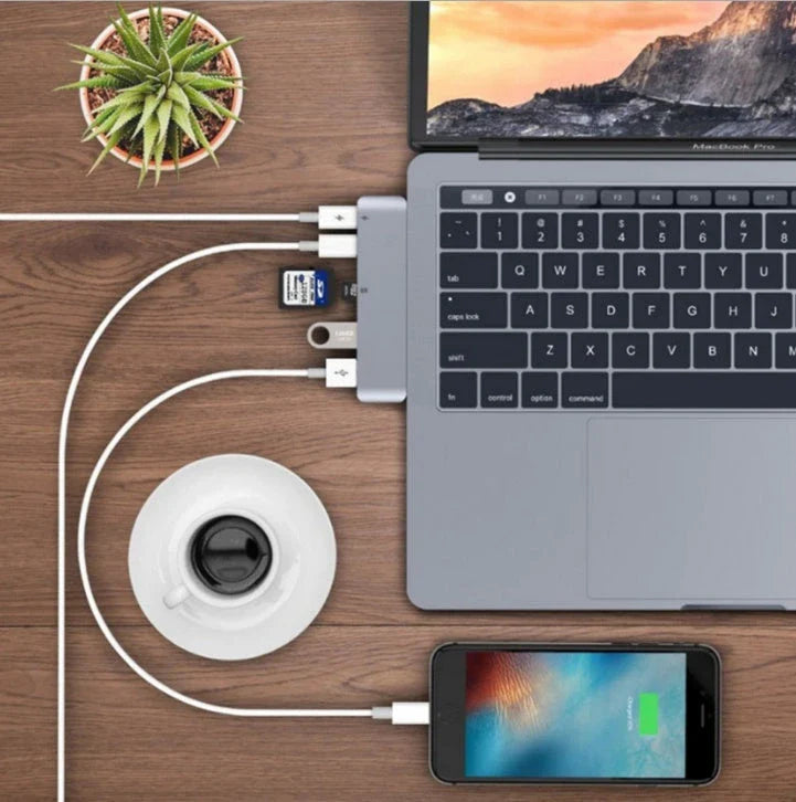 Sleek and versatile USB-C hub with multiple ports for charging, data transfer, and device connectivity