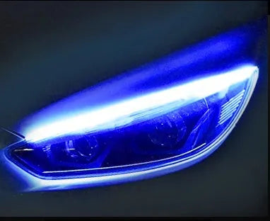 Flexible silicone LED car light strip for daytime running and turn signals, showing wiring connections.