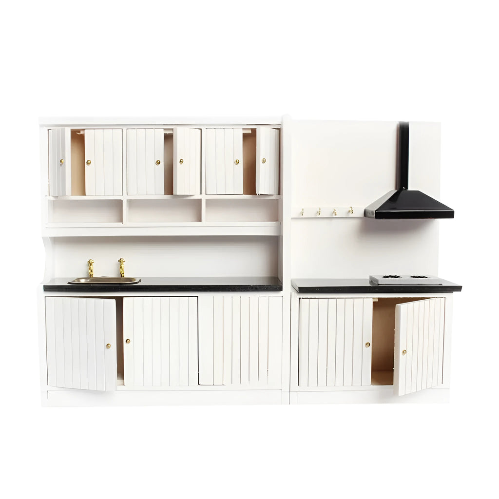 White European-style dollhouse kitchen cabinets with working doors and round metal handles
