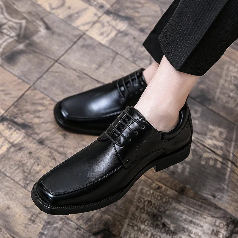 Men's black square toe business casual shoes with low-top artificial PU upper and rubber sole
