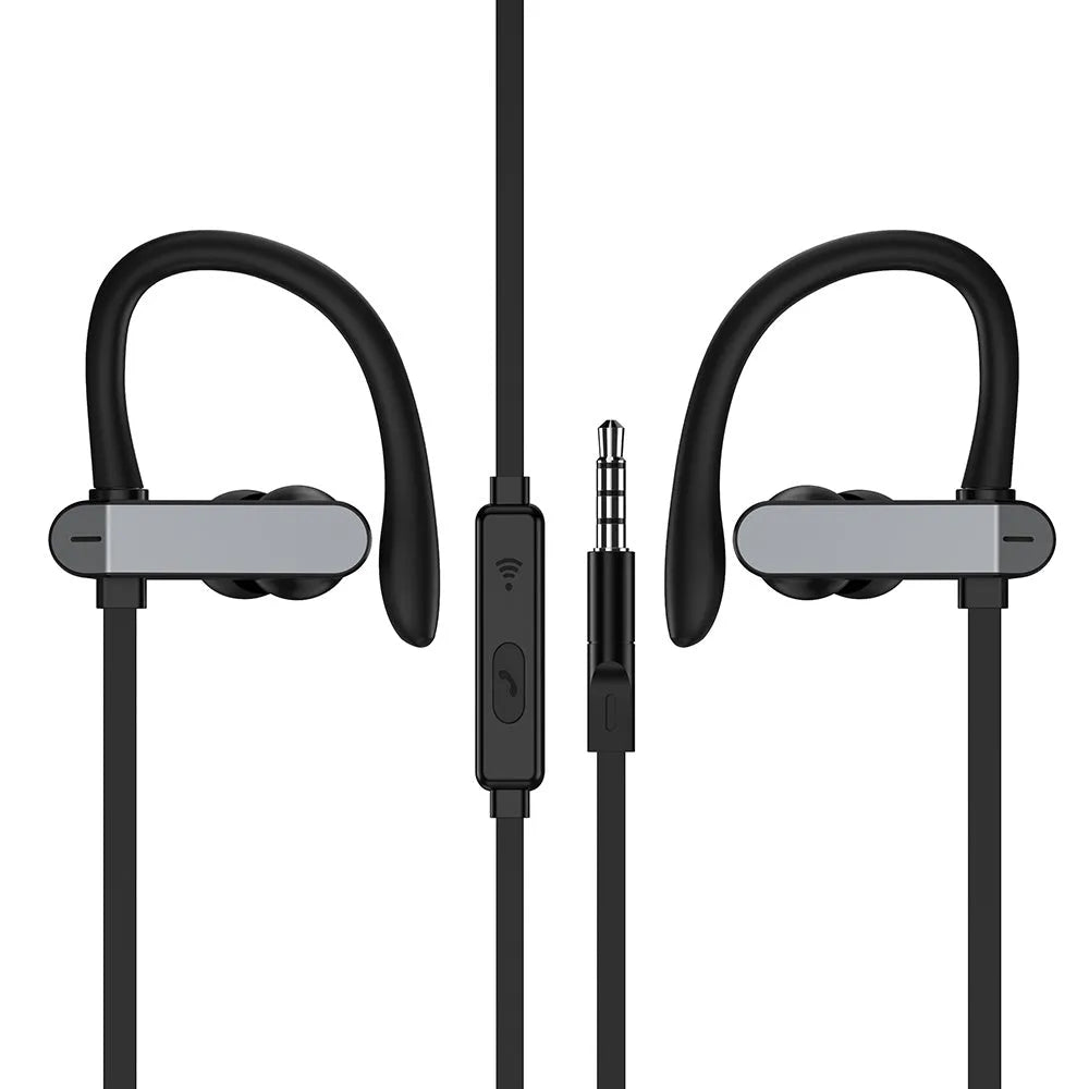 Black and blue universal sport earphone with flexible silicone ear hooks and gel earbuds, showing the 3.5mm jack.