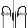 Black and blue universal sport earphone with flexible silicone ear hooks and gel earbuds, showing the 3.5mm jack.