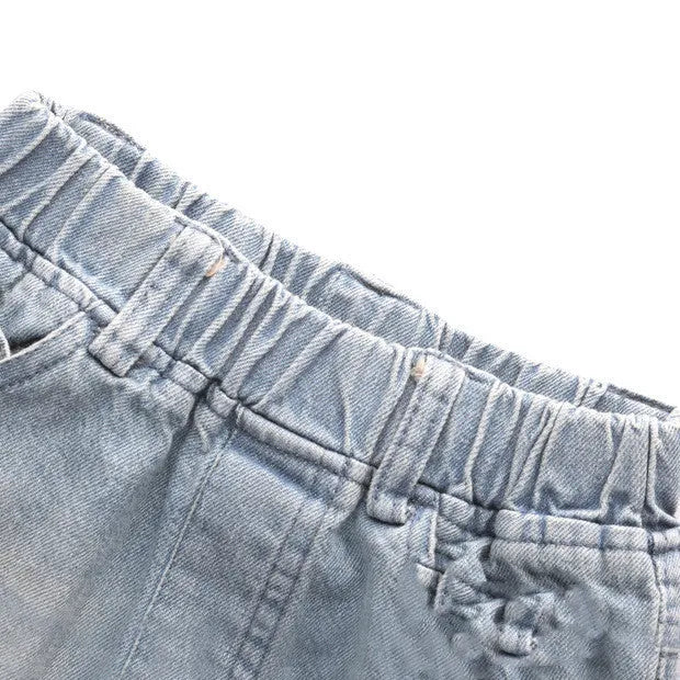 Light blue cotton slim jeans for children with regular waist, front view, 100cm size