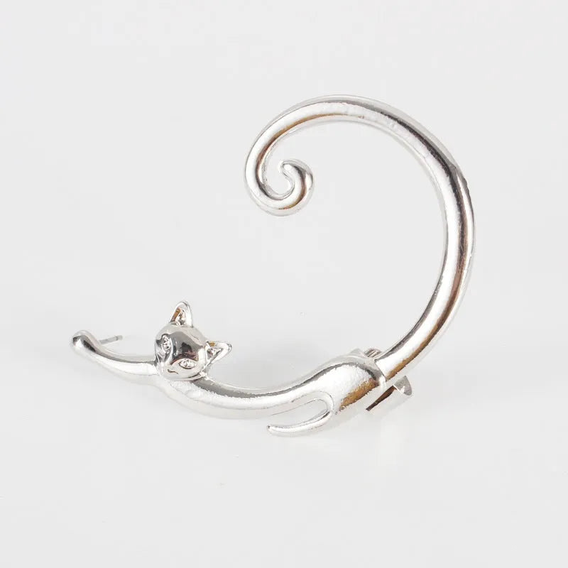 Punk cat post earring with ear cuff in black, close-up on alloy electroplated stud