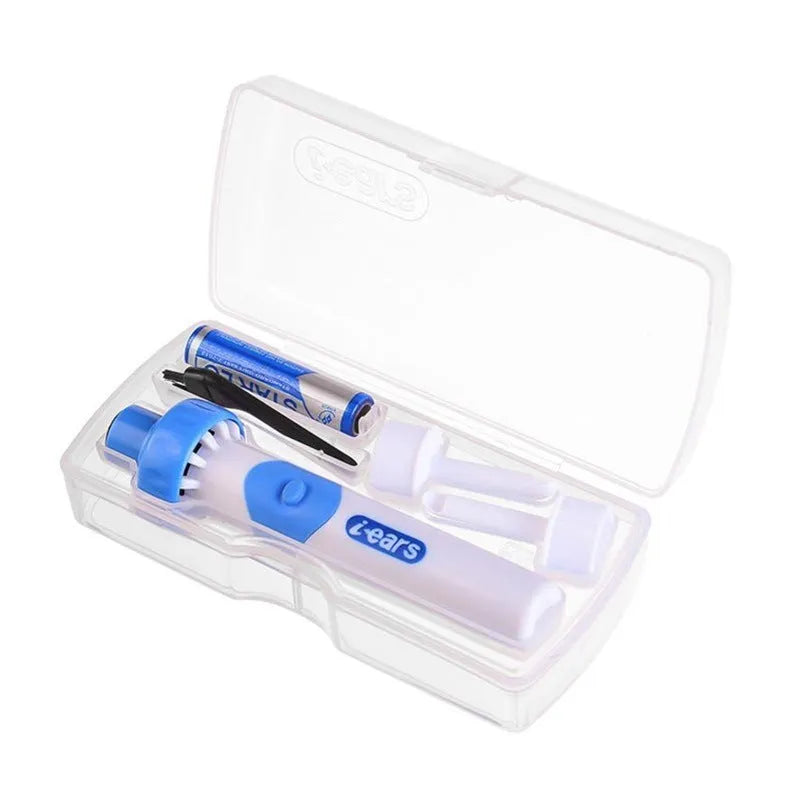 Electric ear scoop ear cleaner with silicone tips and USB charging cable on white background