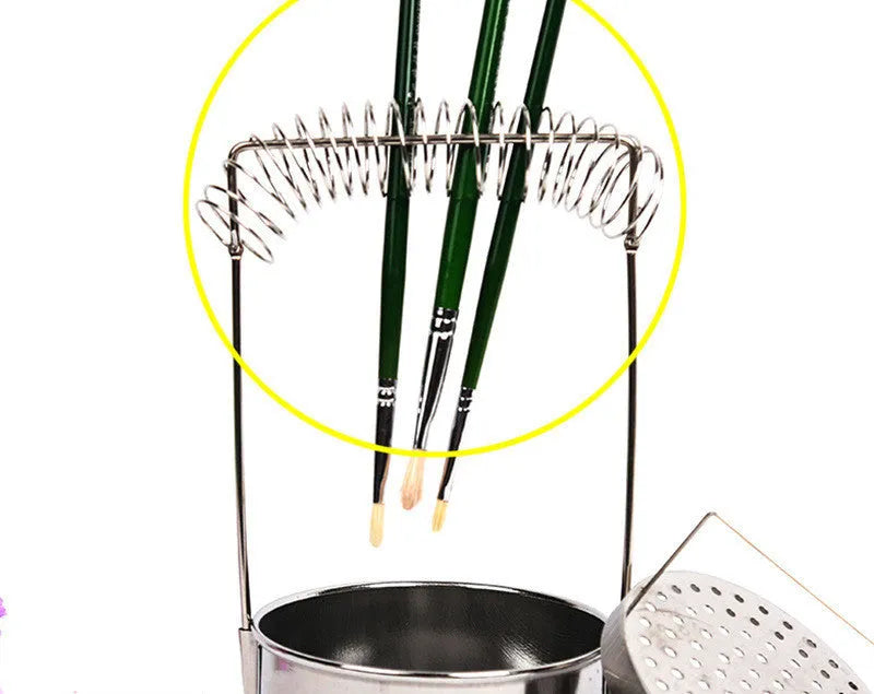 Silver stainless steel oil painting pen washer with a brush clamped at the rim