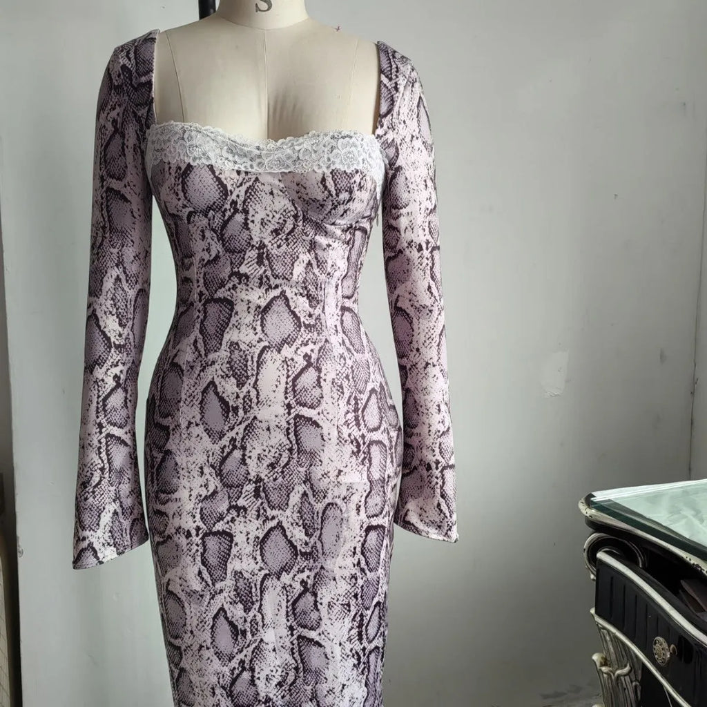 Grey slim fit lace dress with long sleeves and 3D digital printed pattern