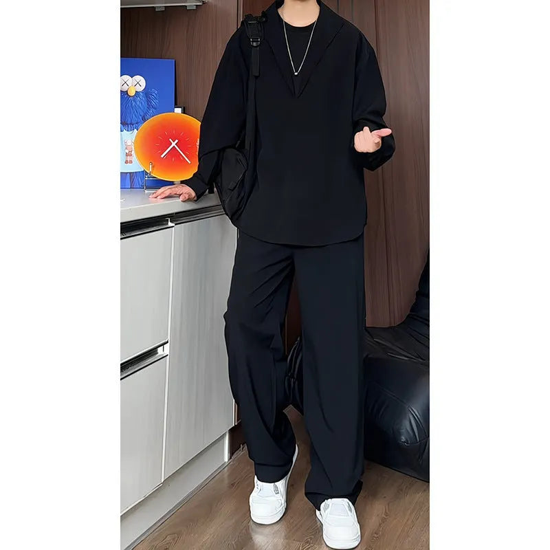 Men's black slim fit long sleeve polo shirt and matching trousers casual two-piece set.