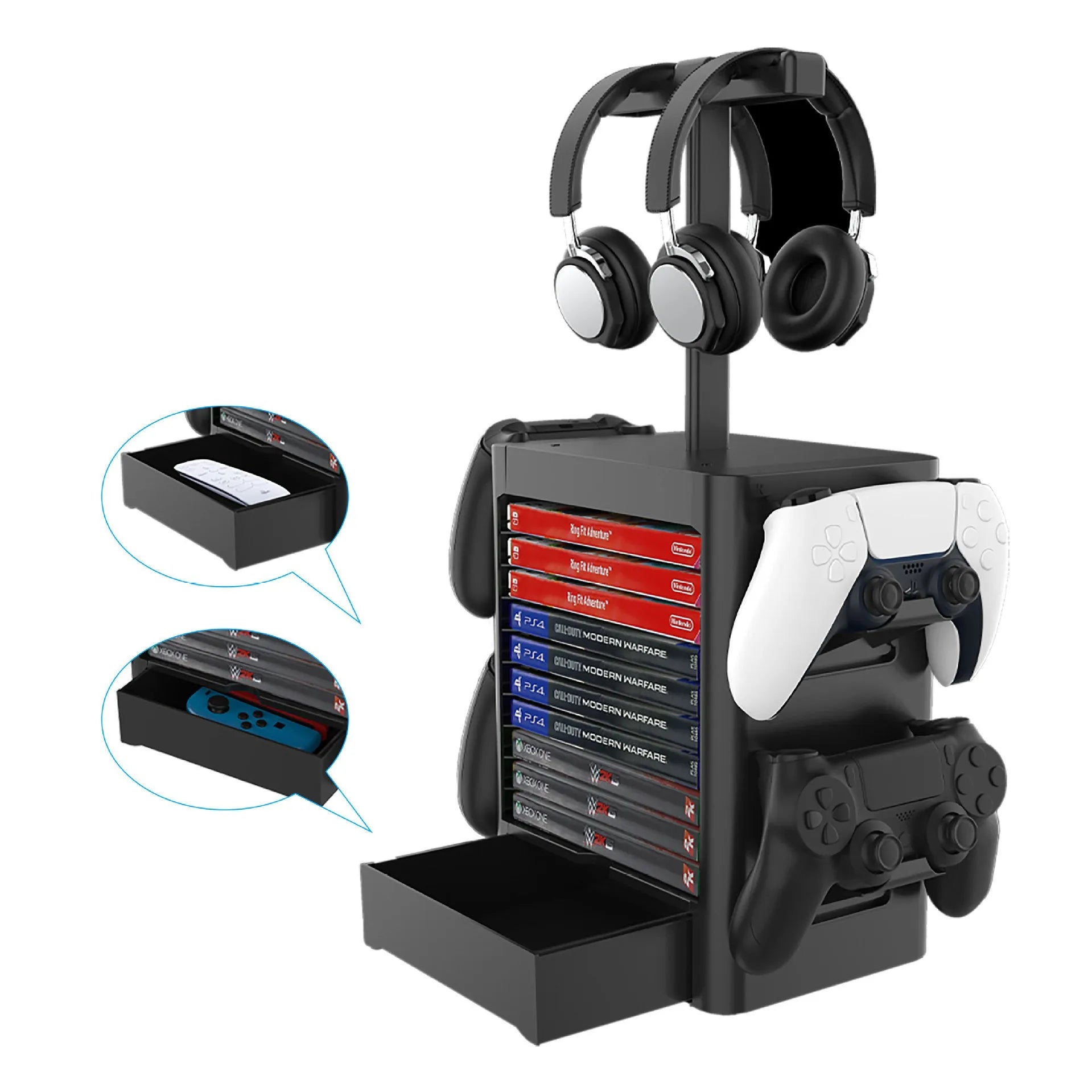 Black ABS game console storage rack with hanging hooks, headphone platform and drawer for controllers