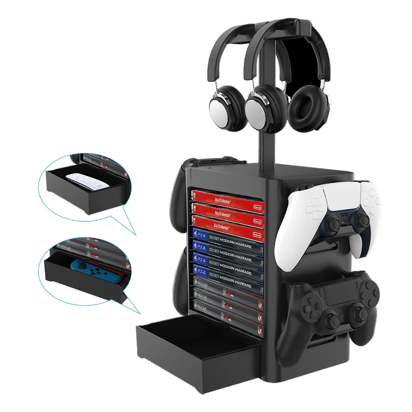 Versatile gaming console organiser with dual-sided accessory storage and bottom drawer for game cards and chargers