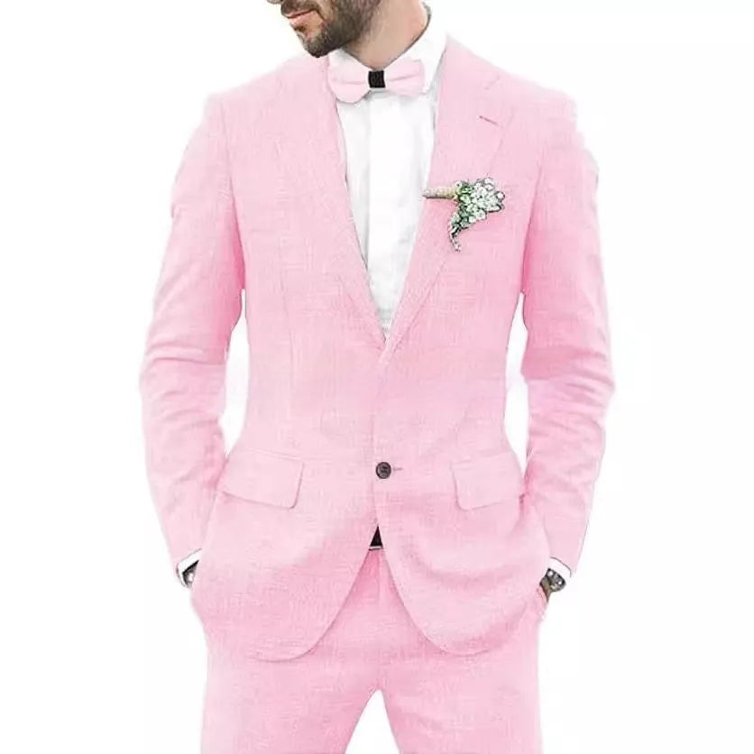 Men's slim fit two-piece suit in hemp blend fabric for weddings and parties in multiple colour options