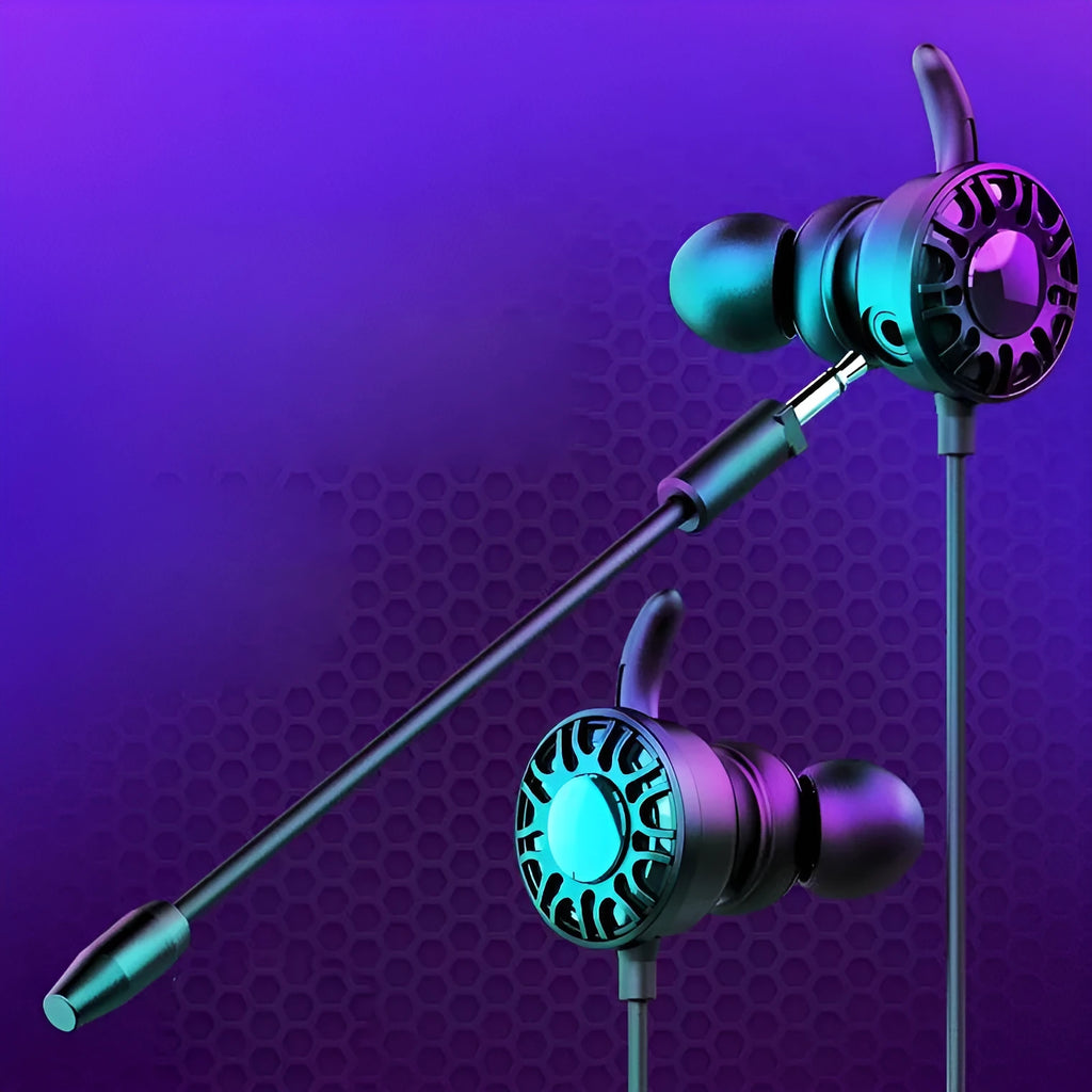 Black wired in-ear headset with 3.5mm L-shaped plug, silicone earplugs, and inline wire control for mobile gaming