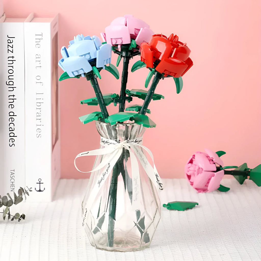 Educational toys rose building blocks set in blue, pink, and red small particle plastic pieces