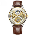 Men's gold leather strap automatic mechanical watch with waterproof case