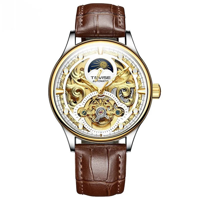 Men's gold leather strap automatic mechanical watch with waterproof case