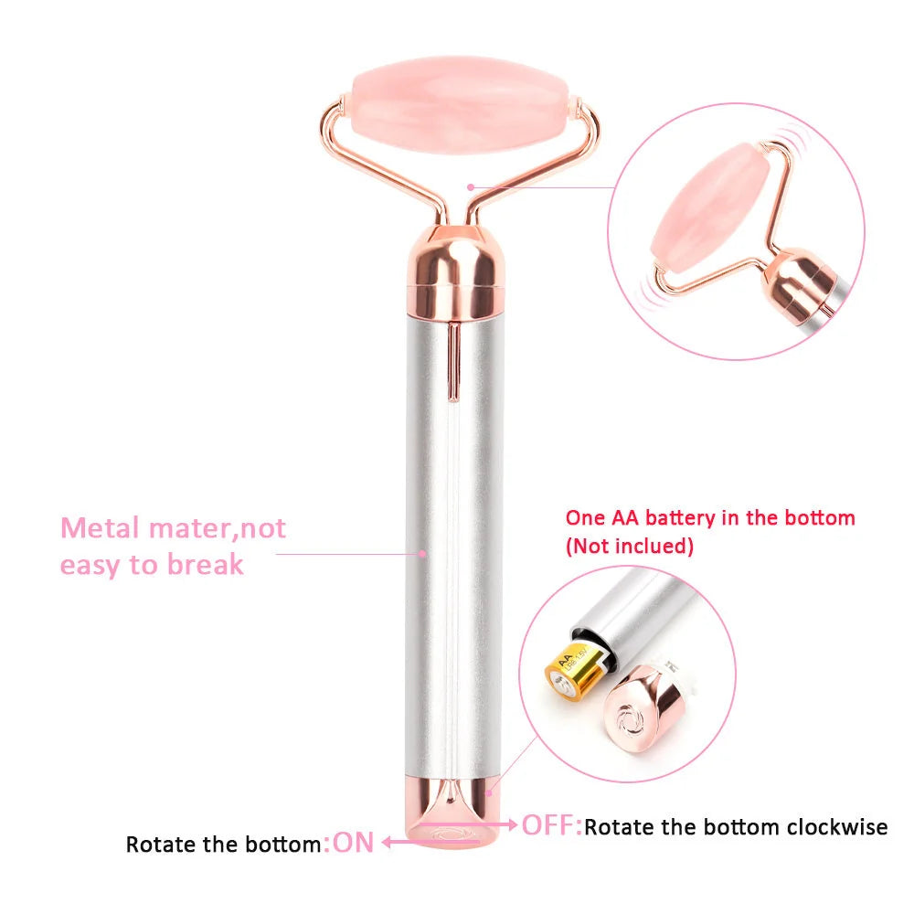 Electric Vibrating Natural Rose Quartz Jade Facial Roller with dual attachments for comprehensive skincare