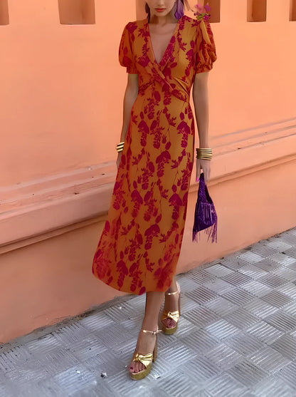 Green floral print V-neck short-sleeved polyester dress, mid-length one-step skirt, sizes S-3XL for women