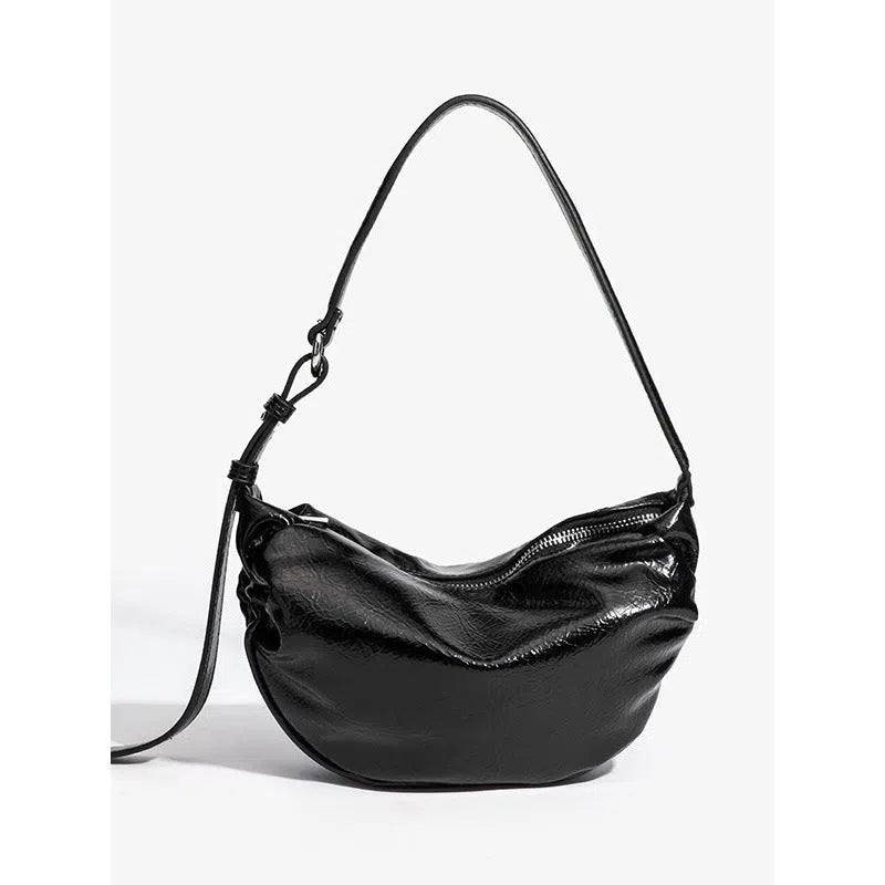 Black pleated shoulder bag with three-dimensional pocket in dumpling shape PU leather