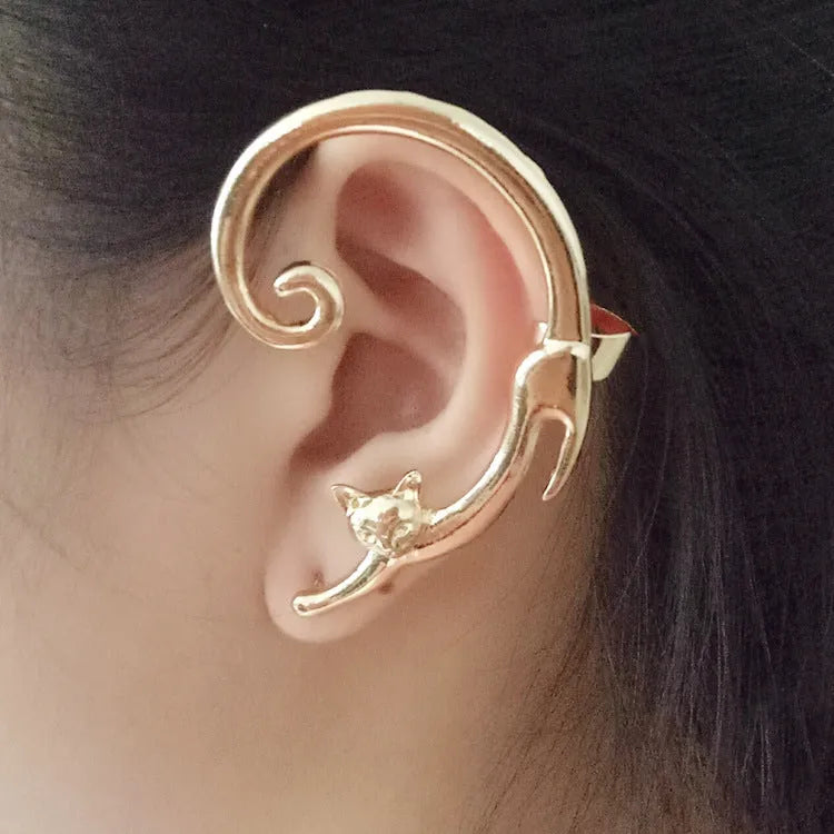 Punk cat post earring with ear cuff in black, close-up on alloy electroplated stud