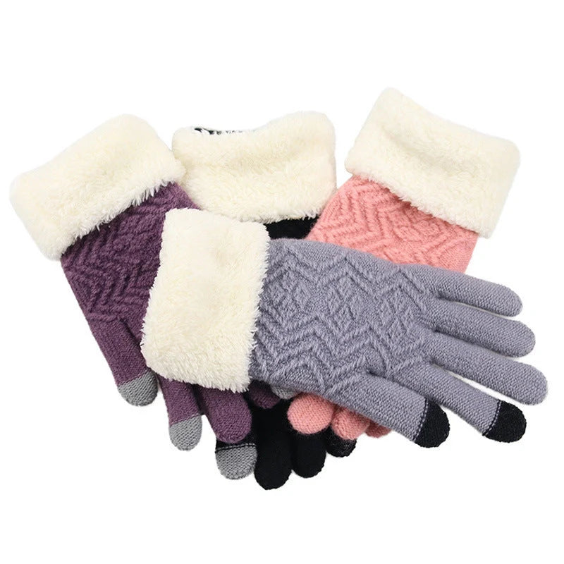 Women's winter knitted gloves in Jacquard design, available in purple, pink, grey, and black
