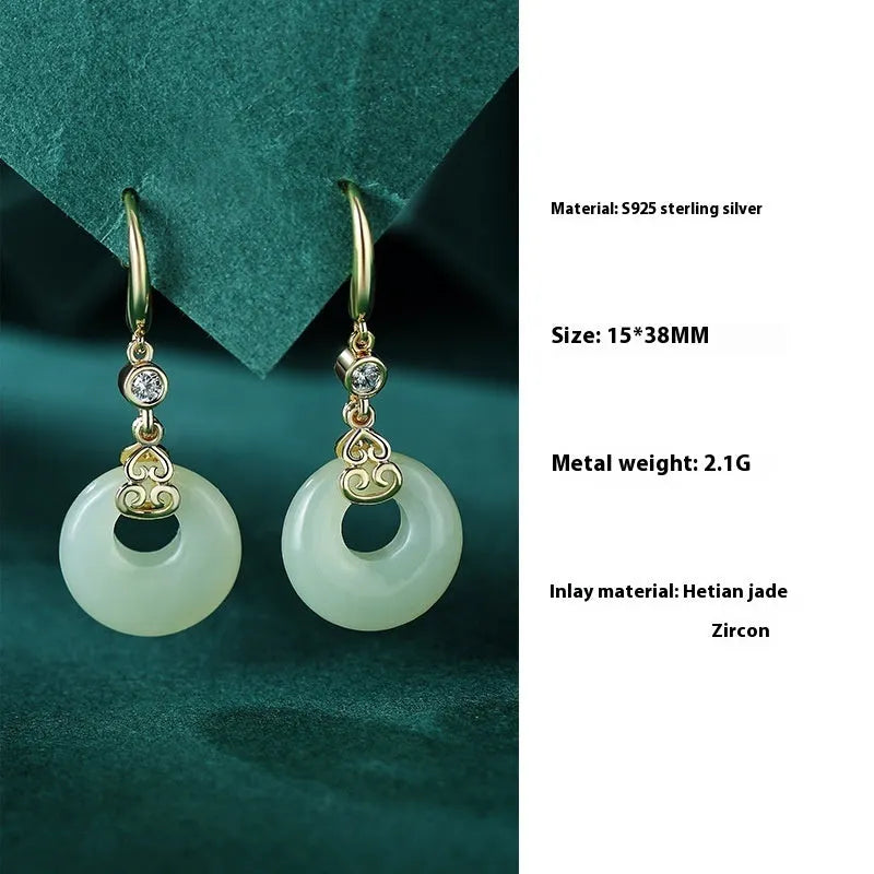 Hetian Jade gourd bracelet, Fu character necklace, and earrings set in 925 sterling silver.