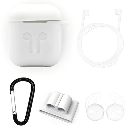 Black silicone protective cover for AirPods with 10cm anti-loss rope, hanging buckle, and earplug sleeves, weighing 36g total