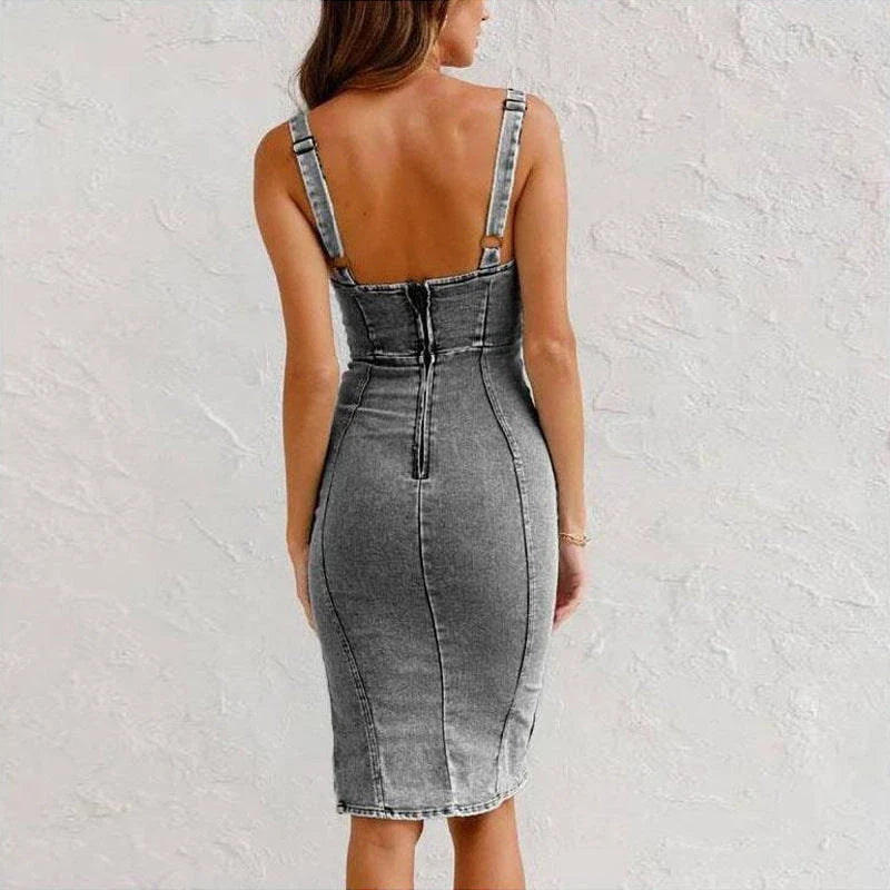 Stylish denim dress with unique U-neck suspender design, available in blue and black grey colors, featuring a slim-fit silhouette and slit detail