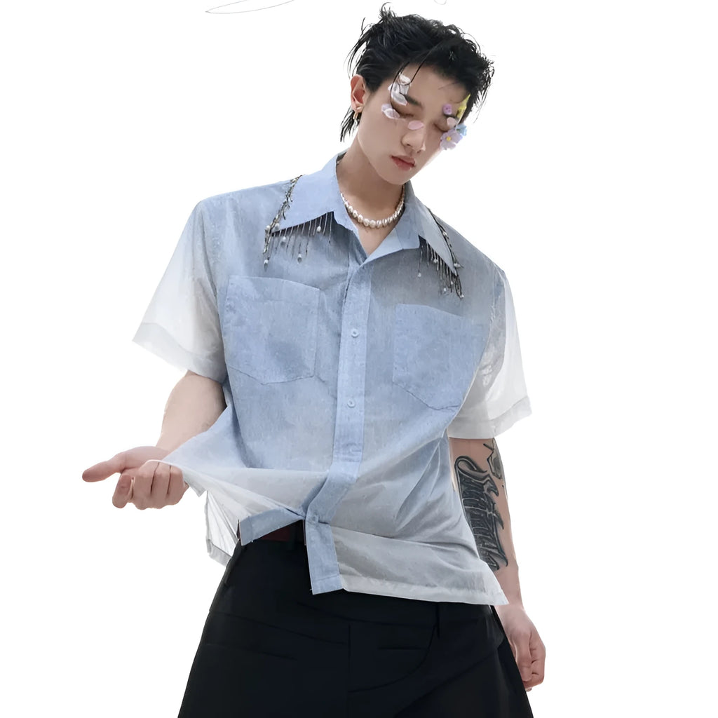 Men's blue and white gradient short sleeve casual shirt with a loose fit.