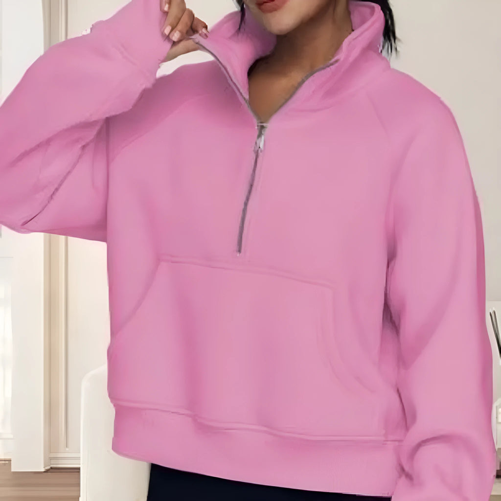 Women's loose lapel fleece-lined sweater in a solid colour with long raglan sleeves.