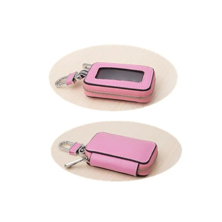 White genuine leather square car key case with plain weave texture, shown with dimensions.
