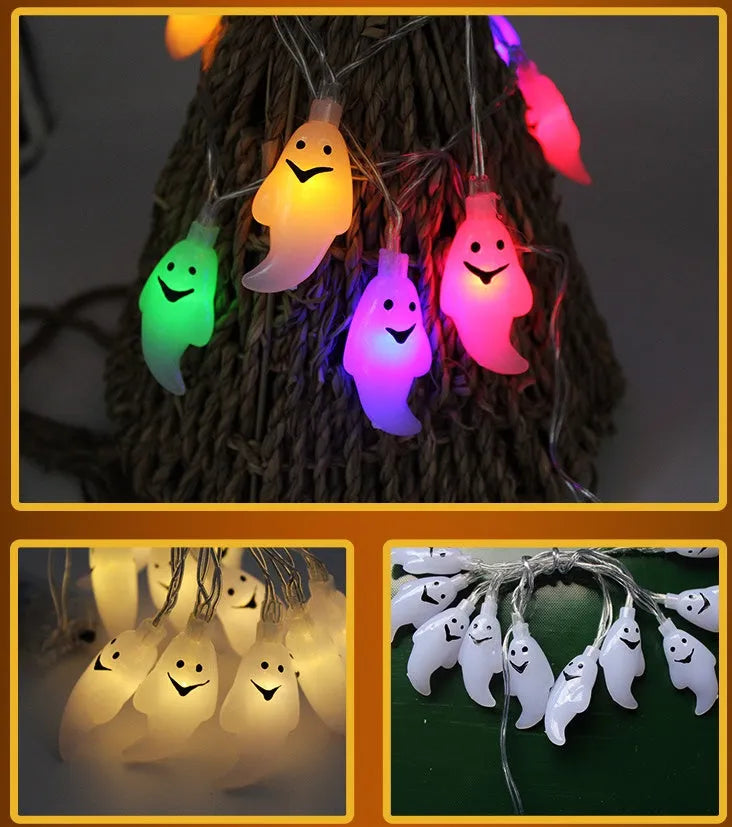 Halloween LED string lights with pumpkin, bat, ghost and spider decorations on a 1.2m waterproof battery-powered string