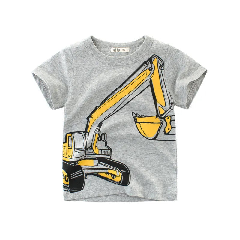 Children's cotton T-shirt with cartoon pattern in flower ash colour, short sleeves and round neck