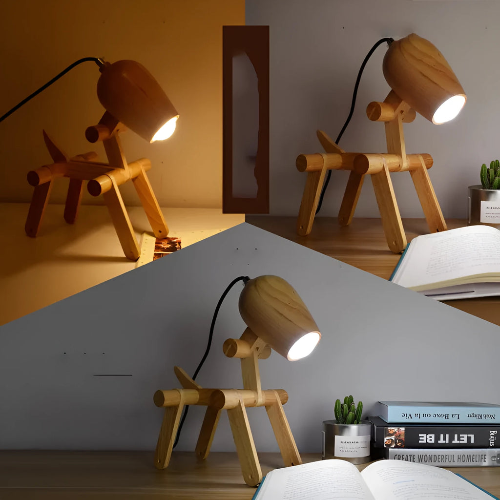 Nordic solid wood table lamp with warm light on a side table in a living room