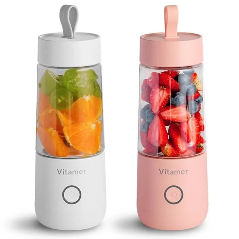 White portable USB rechargeable blender bottle with silicone handle and stainless steel blade.