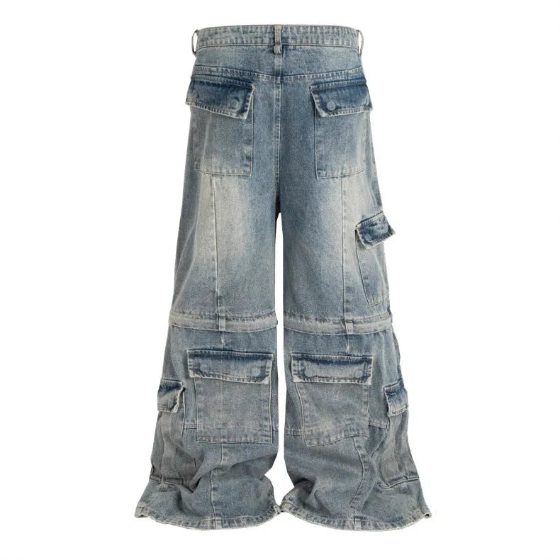 Teenager wearing detachable washed-out blue overalls with multiple pockets and zip fly