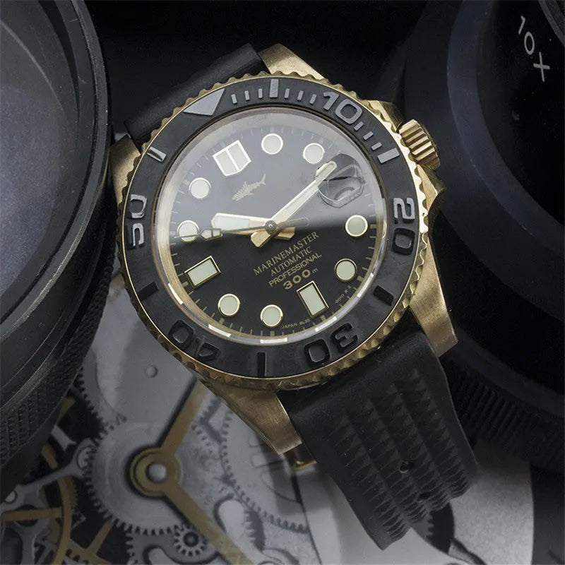Men's vintage bronze automatic diving watch with gold dial and genuine leather strap on a wooden surface