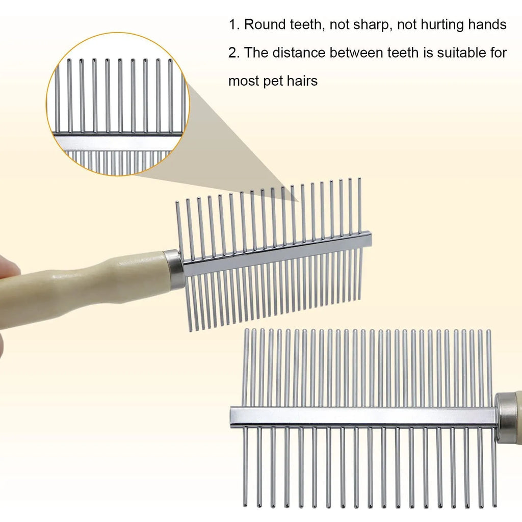 Wooden handle pet grooming comb for dogs and cats with round-tip metal teeth.