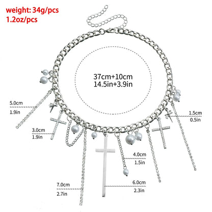 Cross Tassel Pearl Collarbone Chain Necklace in ZW1941 colour