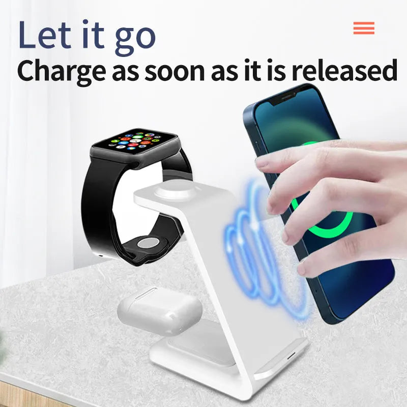 White 3-in-1 upright wireless charging stand holding a mobile phone at an angle